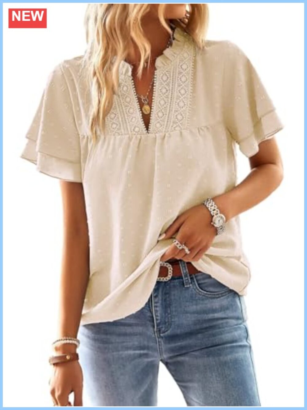 Women's V Neck Crochet Lace Blouse Short Sleeve Boho Flowy Top